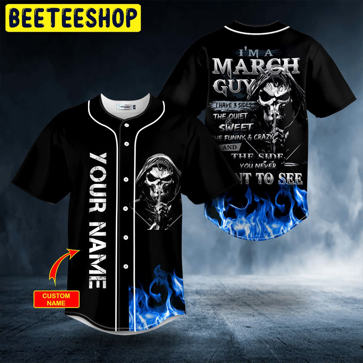 March Guy Blue Fire Skull Custom Trending Baseball Jersey