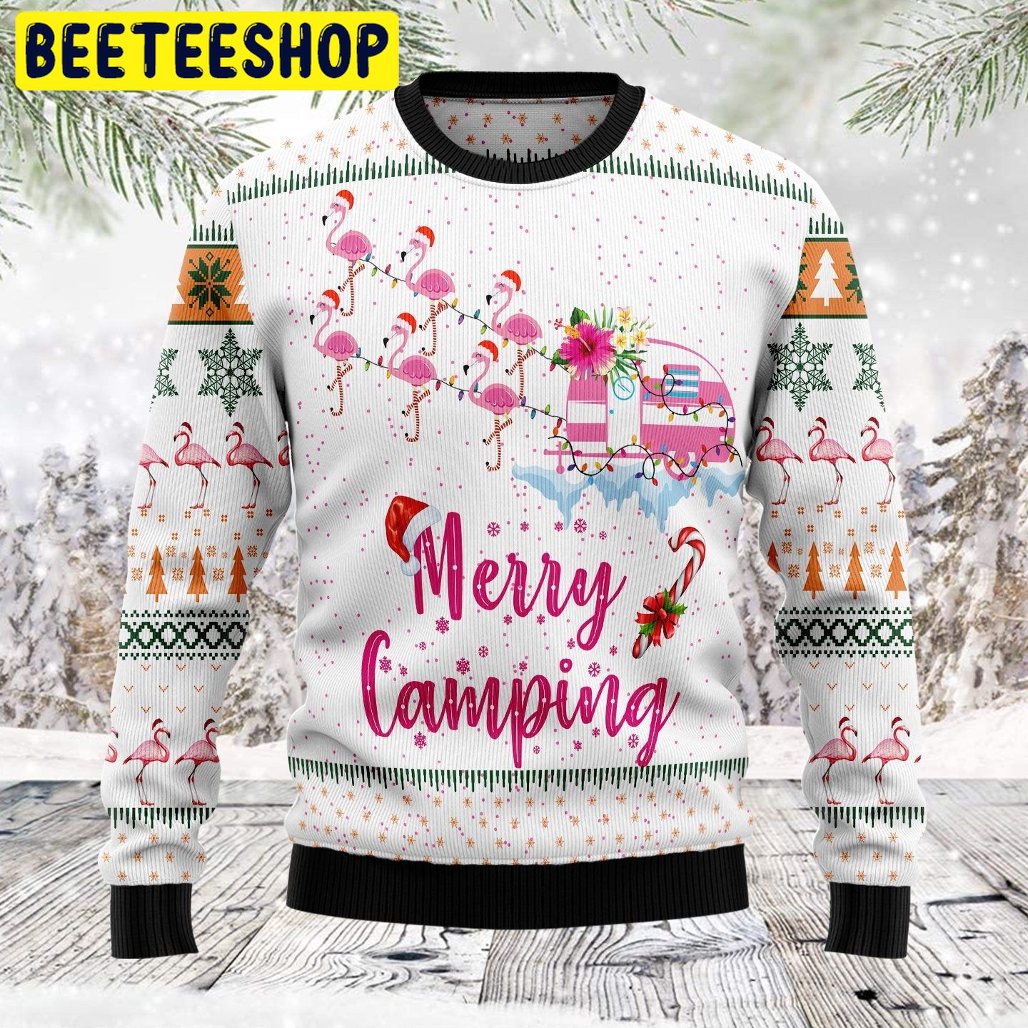 Merry Camping Flamingo Trending Ugly Christmas Sweatshirt