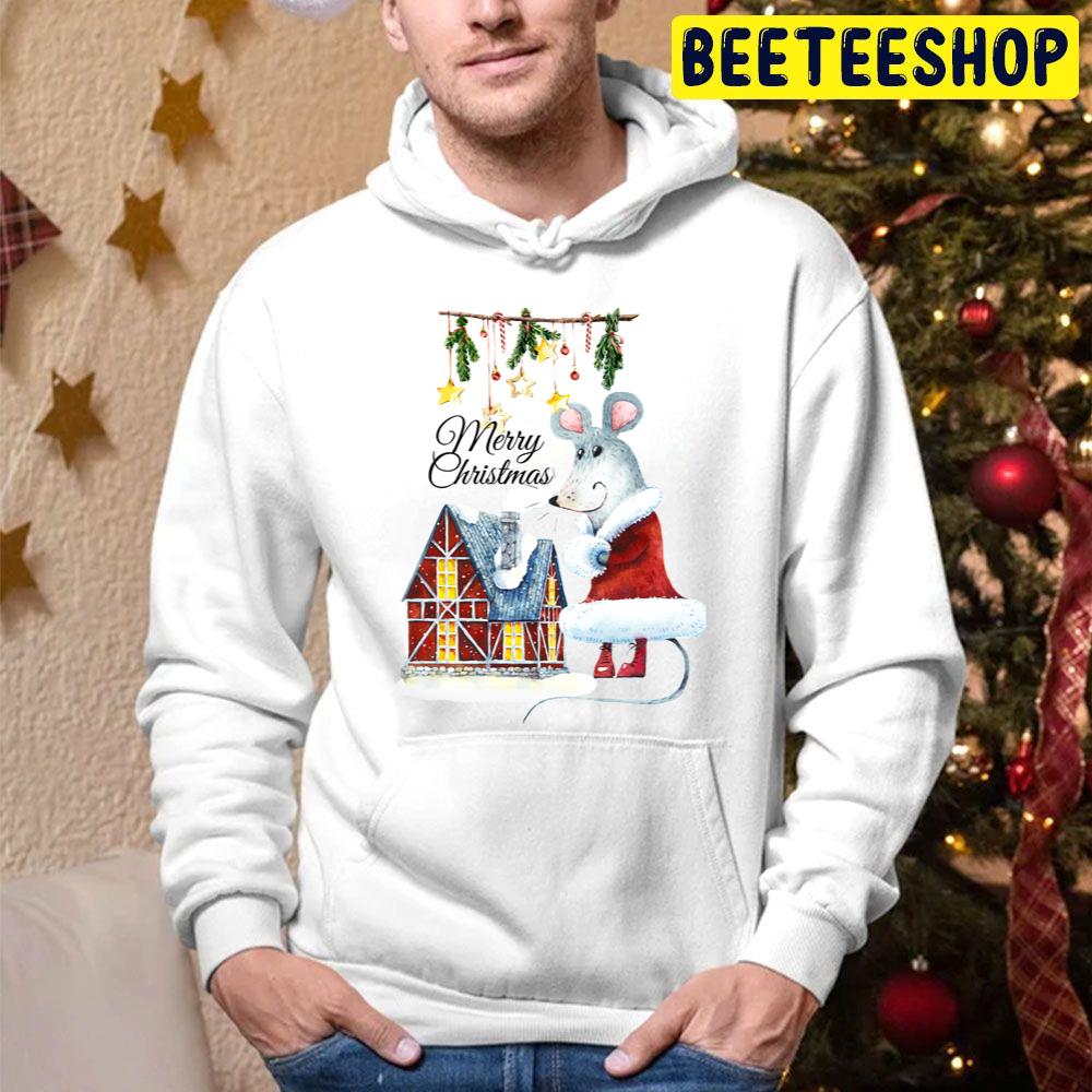 Merry Christmas And A Mouse Wearing A Red Coat Trending Unisex Hoodie