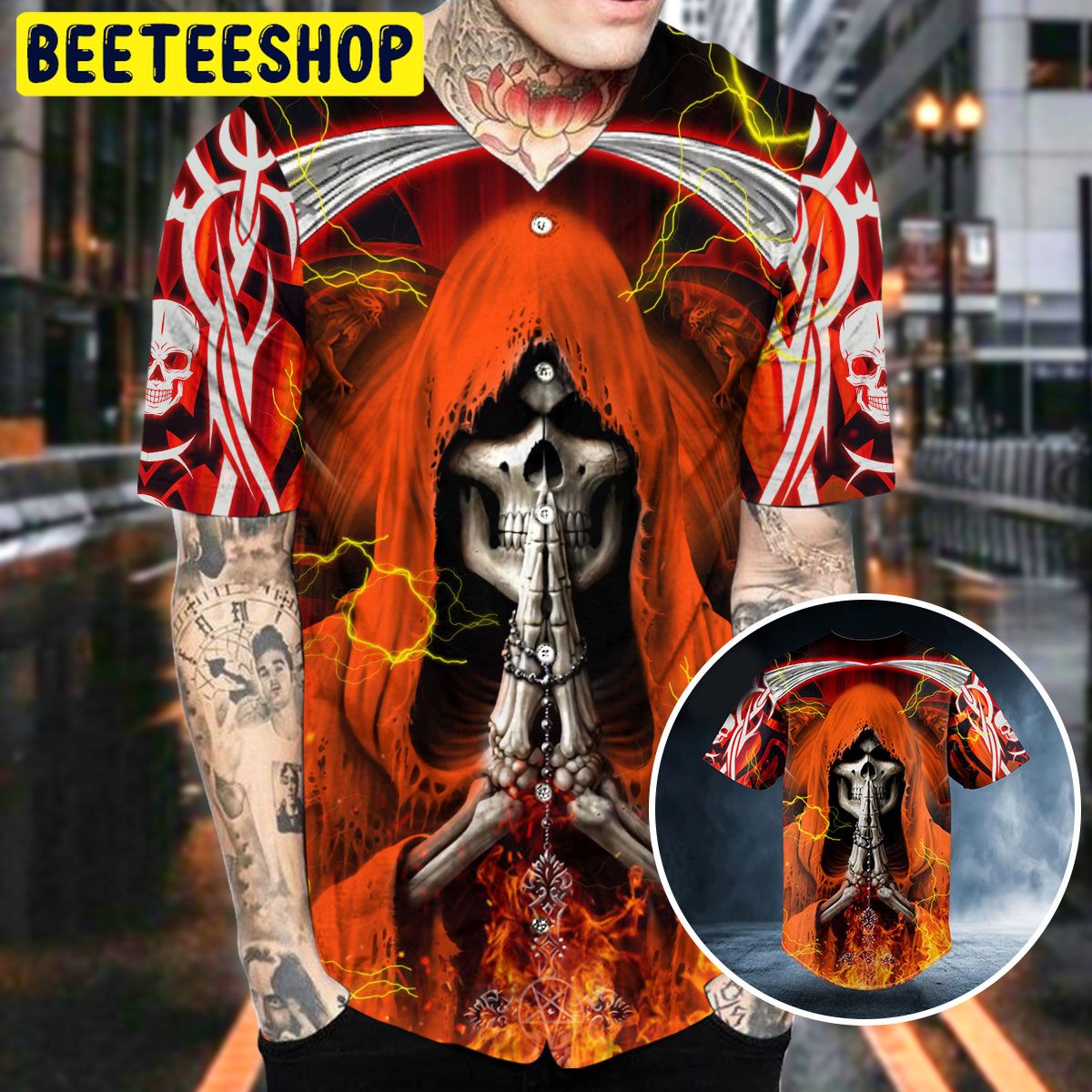 Orange Grim Reaper Prayer Fire Skull Trending Baseball Jersey - Beeteeshop