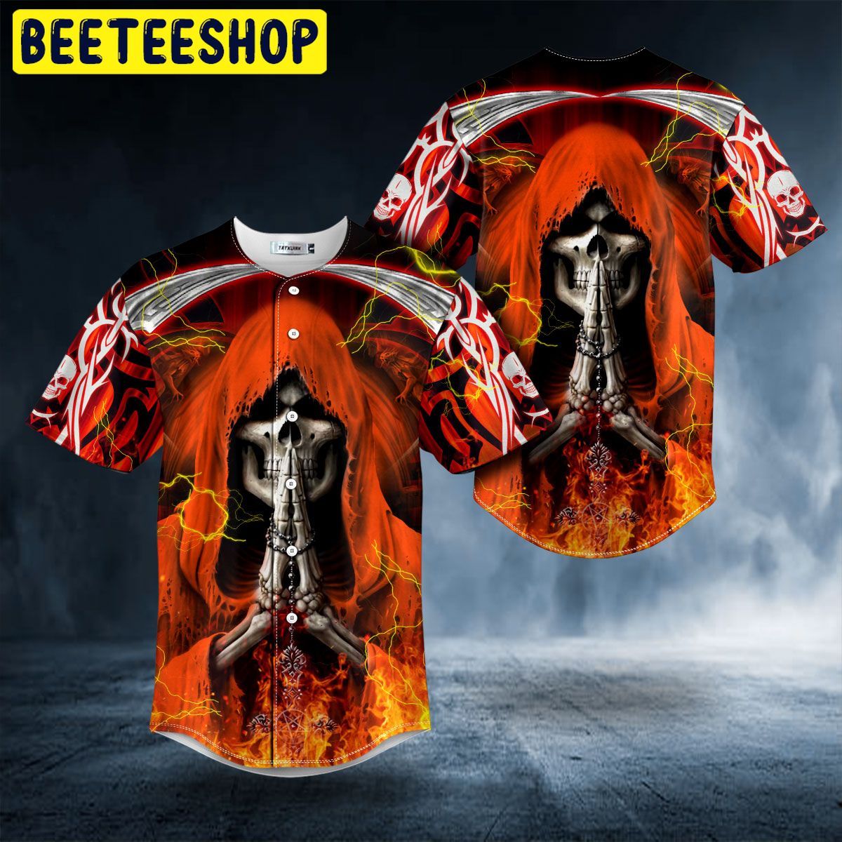 Orange Grim Reaper Prayer Fire Skull Trending Baseball Jersey