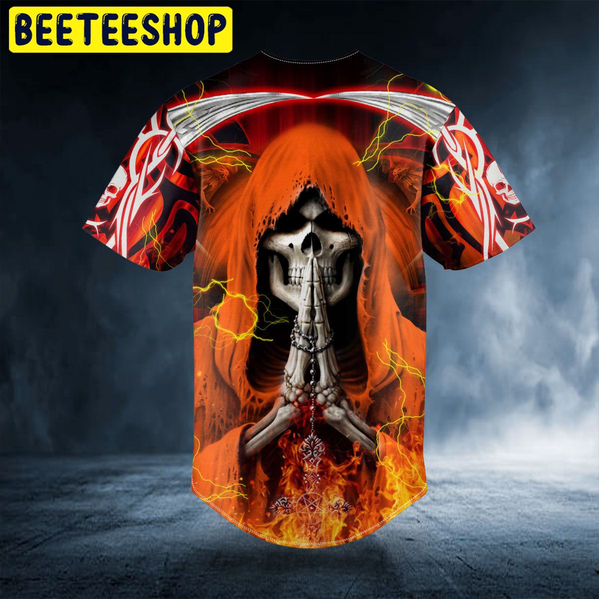 Orange Grim Reaper Prayer Fire Skull Trending Baseball Jersey - Beeteeshop