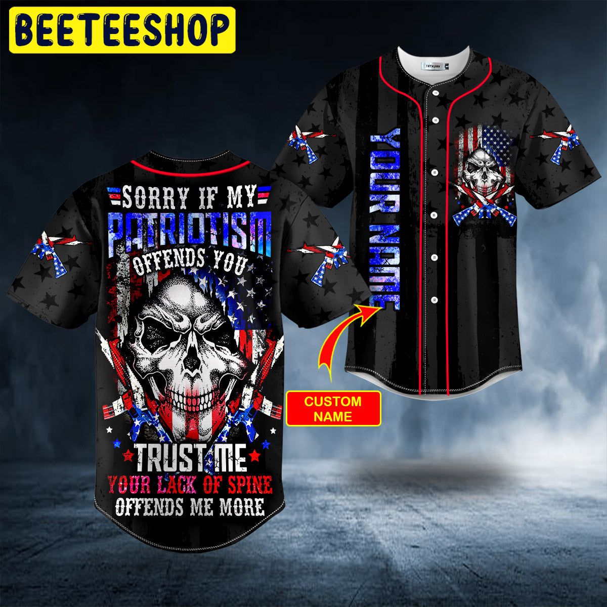 Custom Name Patriotism Offends You American Flag Cross Gun Skull Baseball  Jersey For Men And Women Gift Halloween - Banantees