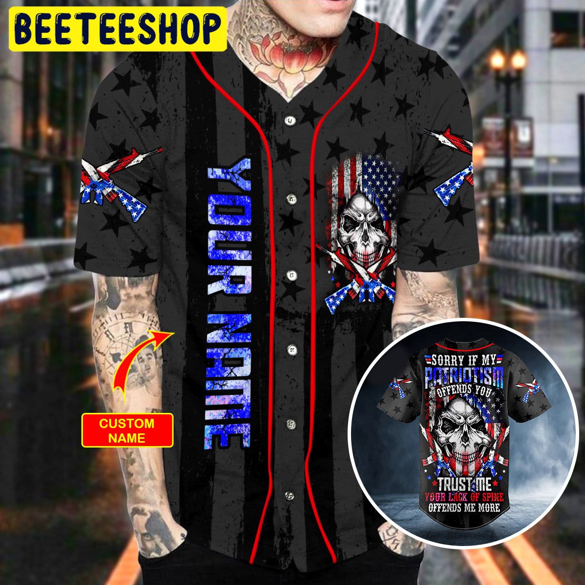 Custom Name Patriotism Offends You American Flag Cross Gun Skull Baseball  Jersey For Men And Women Gift Halloween - Banantees