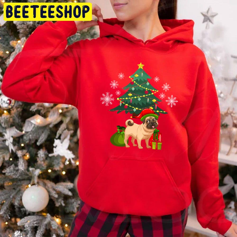 Pug Santa Ugly Merry Christmas With Tree Trending Unisex Hoodie