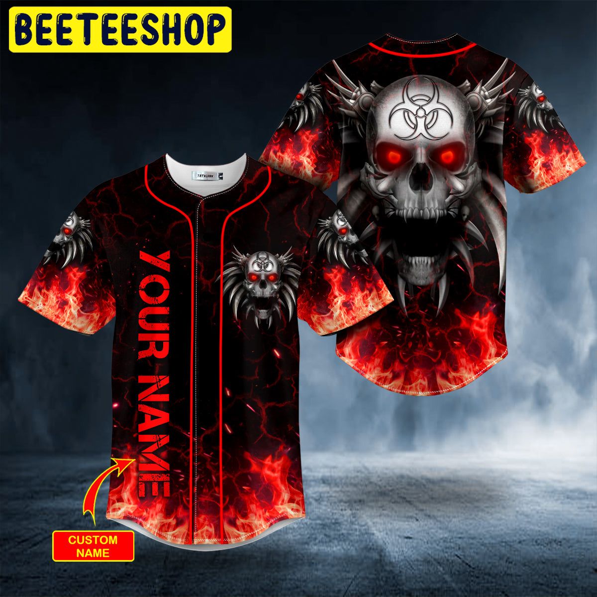 Custom Name Red Eyes Blue Fire Skull Baseball Jersey For Men And Women Gift  Halloween - Banantees