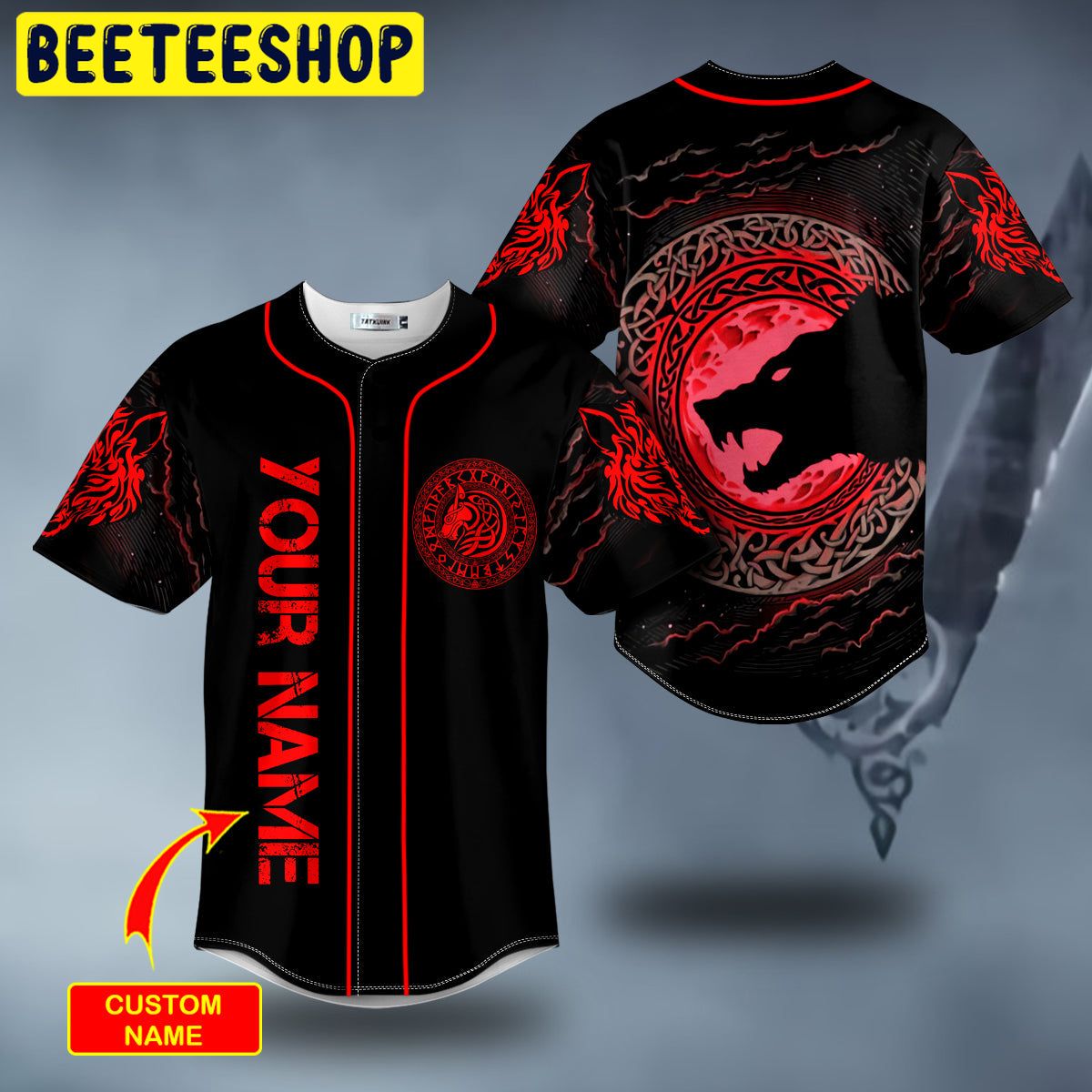 Red Moon Wolf Viking Tattoo Custom Trending Baseball Jersey