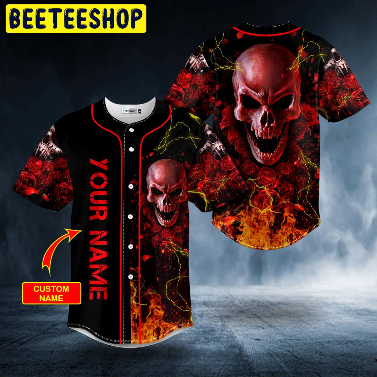 Red Rose Blood Lightning Fire Skull Custom Trending Baseball Jersey