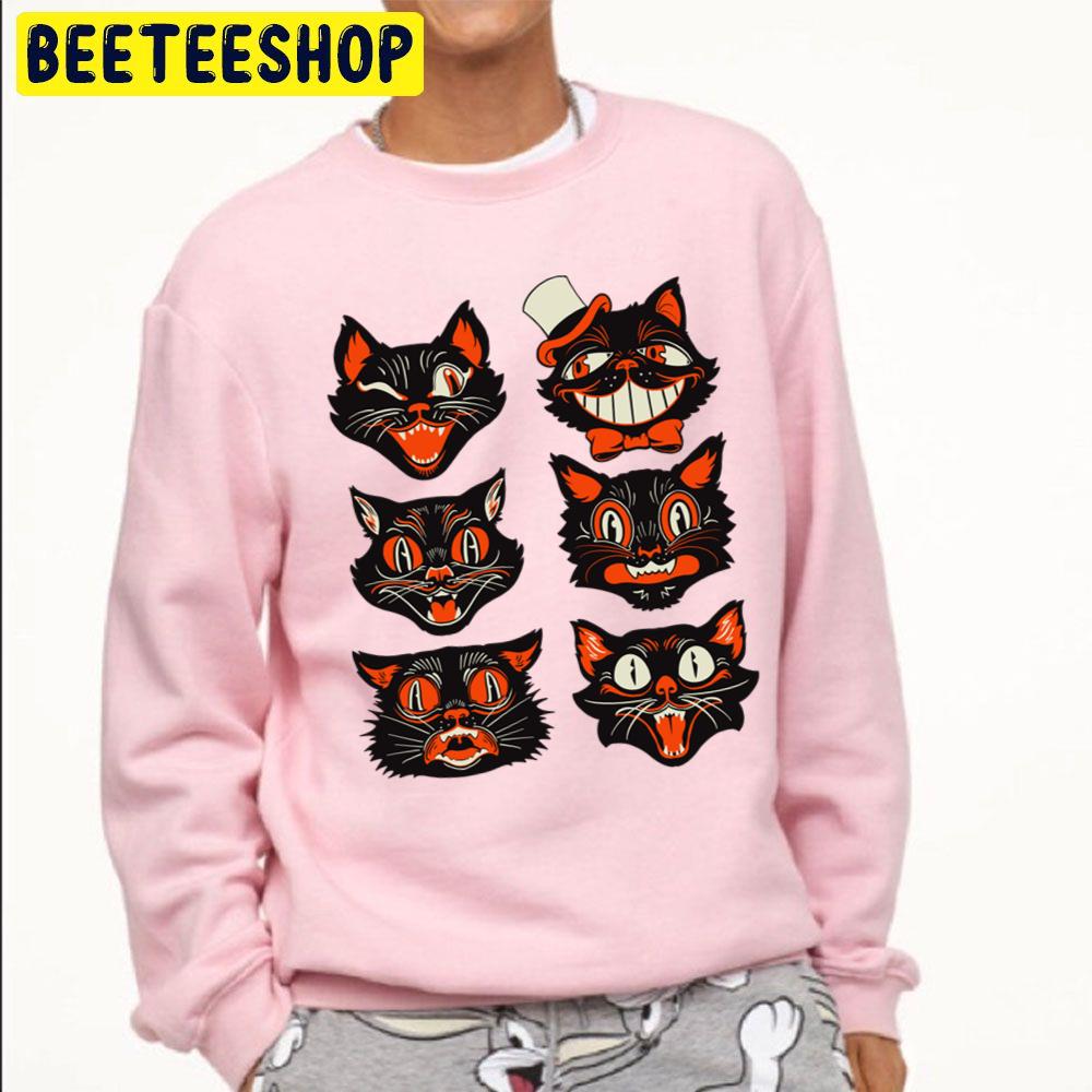 Retro Vintage Halloween Black Cat Face Collection Trending Unisex Sweatshirt