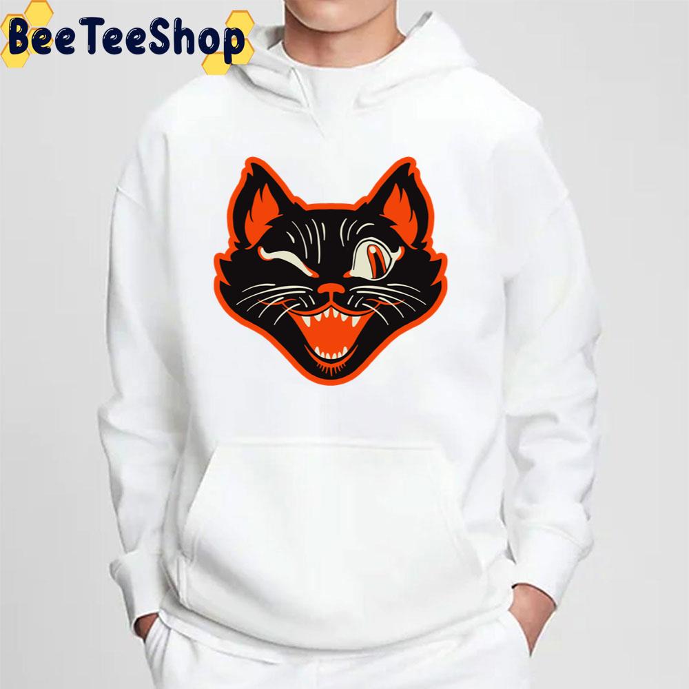 Retro Vintage Halloween Black Cat Winking Face Hoodie Trending Unisex Sweatshirt