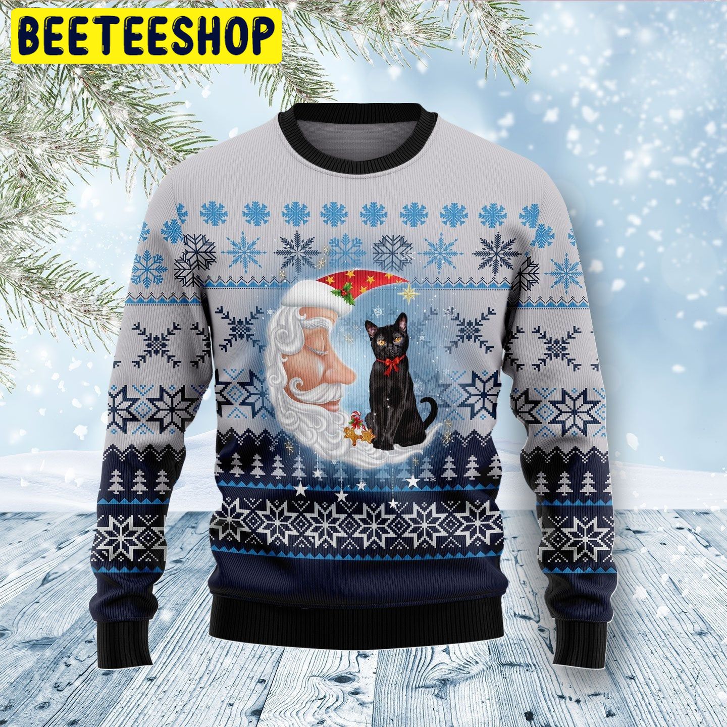 Santa Moon Black Cat Love Trending Ugly Christmas Sweatshirt