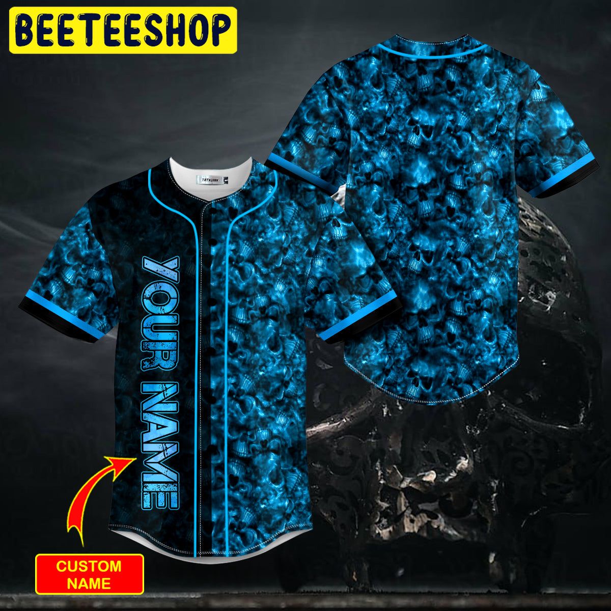 Seamless Pattern Blue Ghost Skull Custom Trending Baseball Jersey