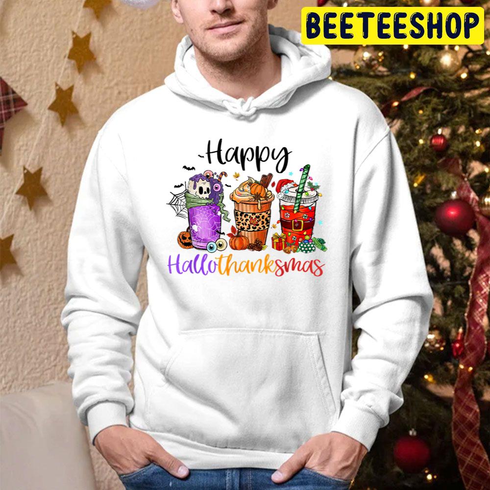 Skull Pumpkin And Santa Happy Hallothanksmas Coffee Cups Trending Unisex Hoodie