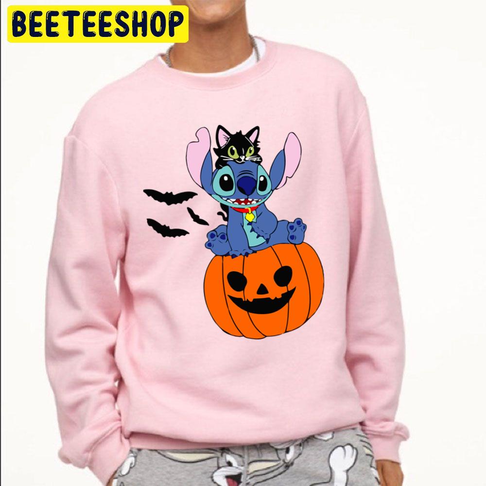 Stitch Black Cat And Pumpkin Halloween Trending Unisex Sweatshirt