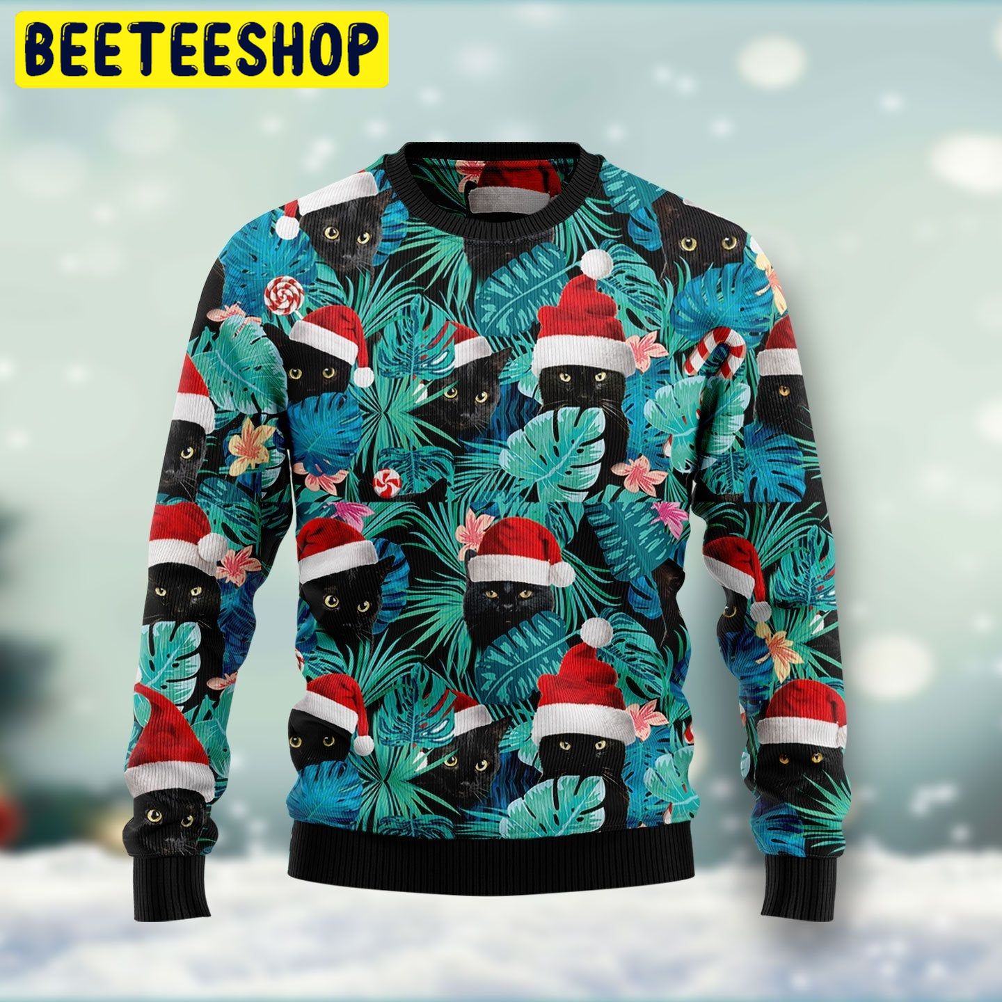 Tropical Black Cat Christmas Trending Ugly Christmas Sweatshirt