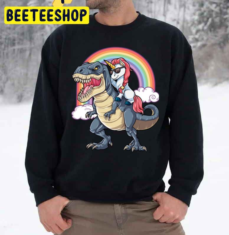 Unicorn Riding Dinosaur T Rex Funny Unicorns Rainbow Unisex Sweatshirt