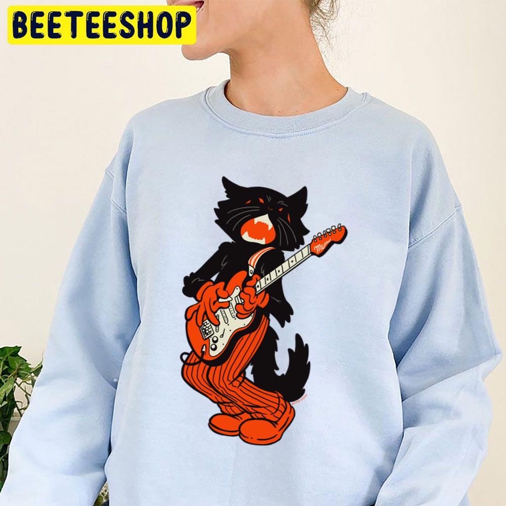 Vintage Halloween Black Cat Playing Electric Guitar Trending Unisex Sweatshirt