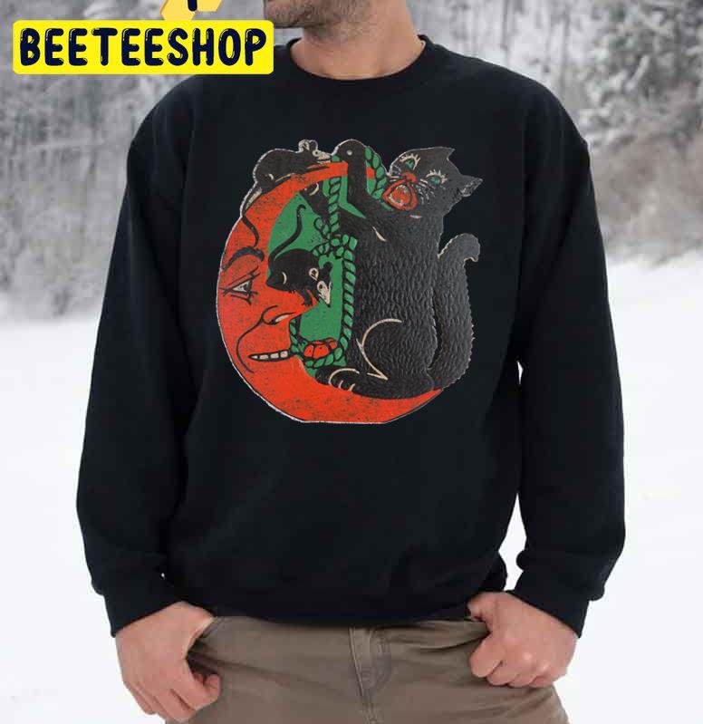 Vintage Halloween Cat Moon Mice Cut Out Graphic Trending Unisex Sweatshirt