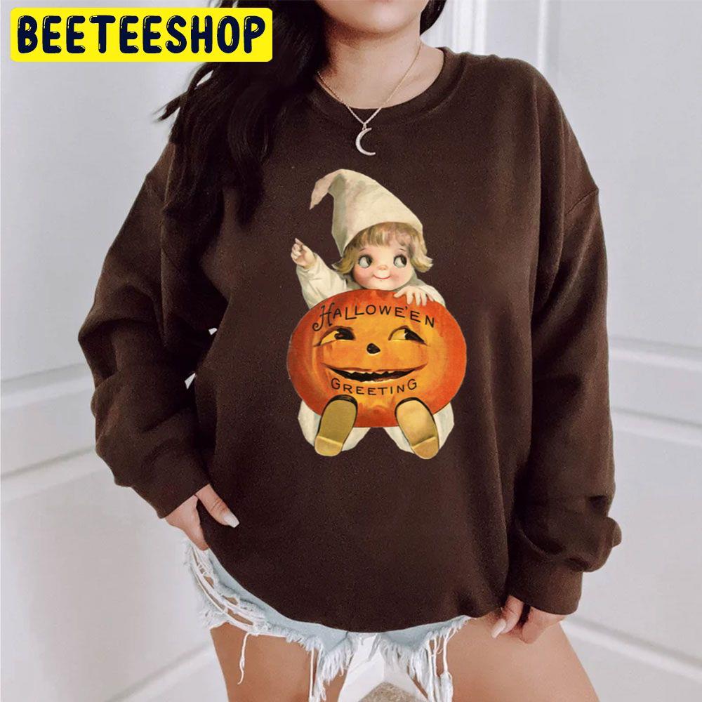 Vintage Halloween Greeting Card Cute Kawaii With Pumpkin Trending Unisex Sweatshirt