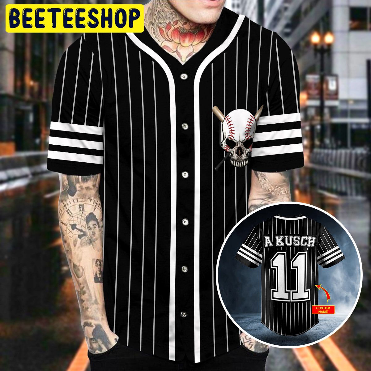 White Black Stripes No 11 Skull Personalized Trending Baseball Jersey