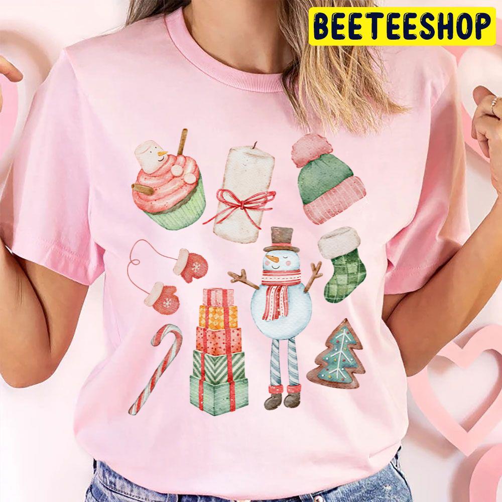 Christmas Snowman Gloves Candle Cookie Green Retro Vintage Pink Santa Claus Trending Unisex T Shirt