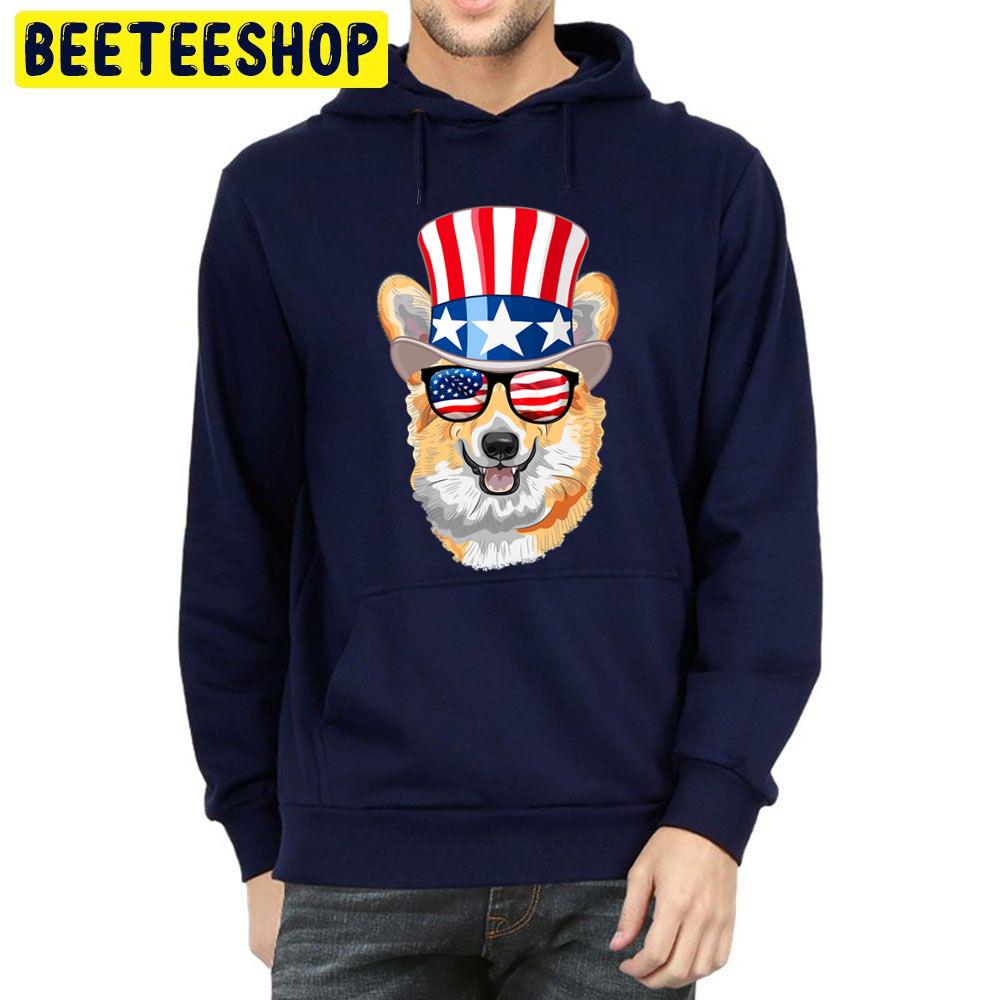 Corgi American Flag Hat Glasses 4th Of July Welsh Dog Trending Unisex Hoodie