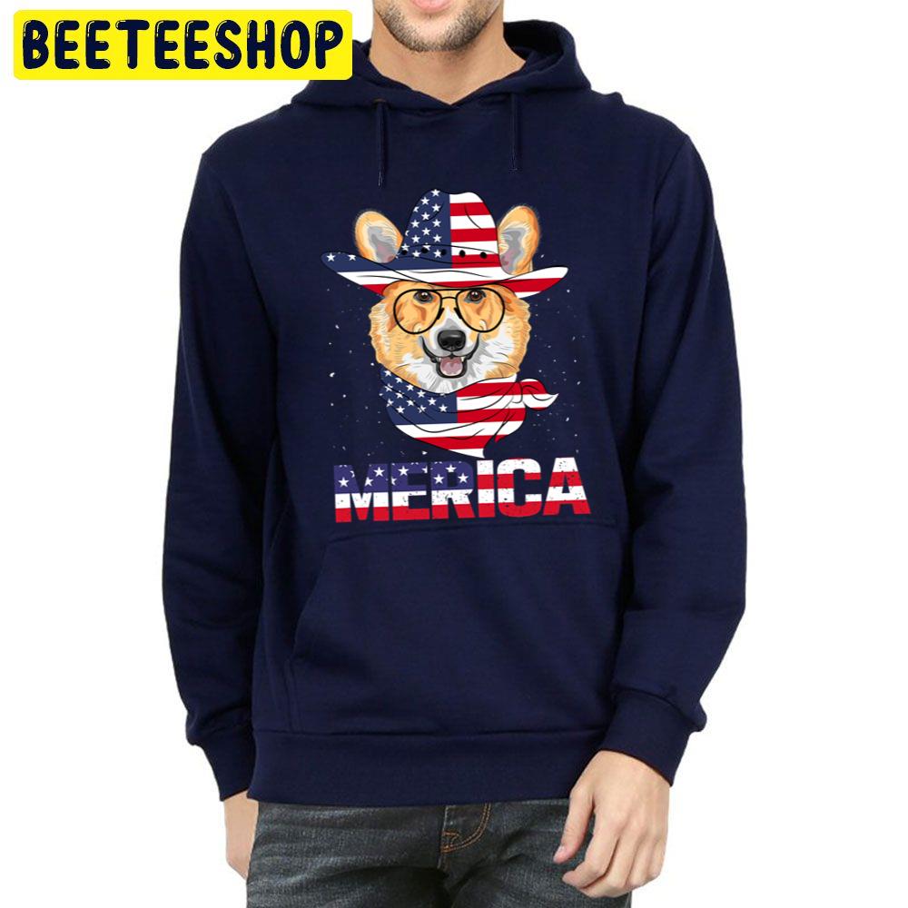 Corgi Merica Dog American Usa Flag Distressed Trending Unisex Hoodie