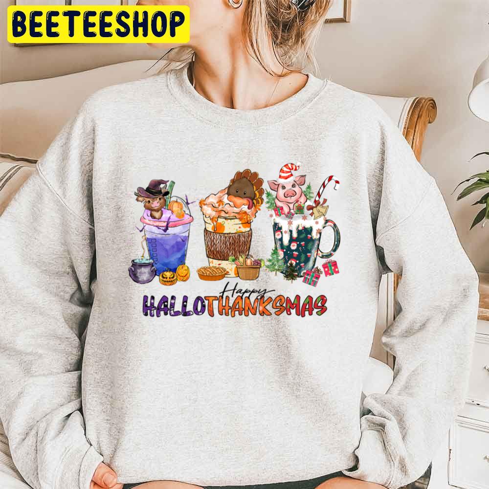 Cute Cow Turkey And Pig Coffee Cup Happy Hallothanksmas Trending Unisex Sweatshirt