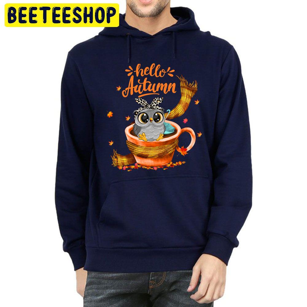 Cute Owl Coffee Cup Hello Autumn Trending Unisex Hoodie