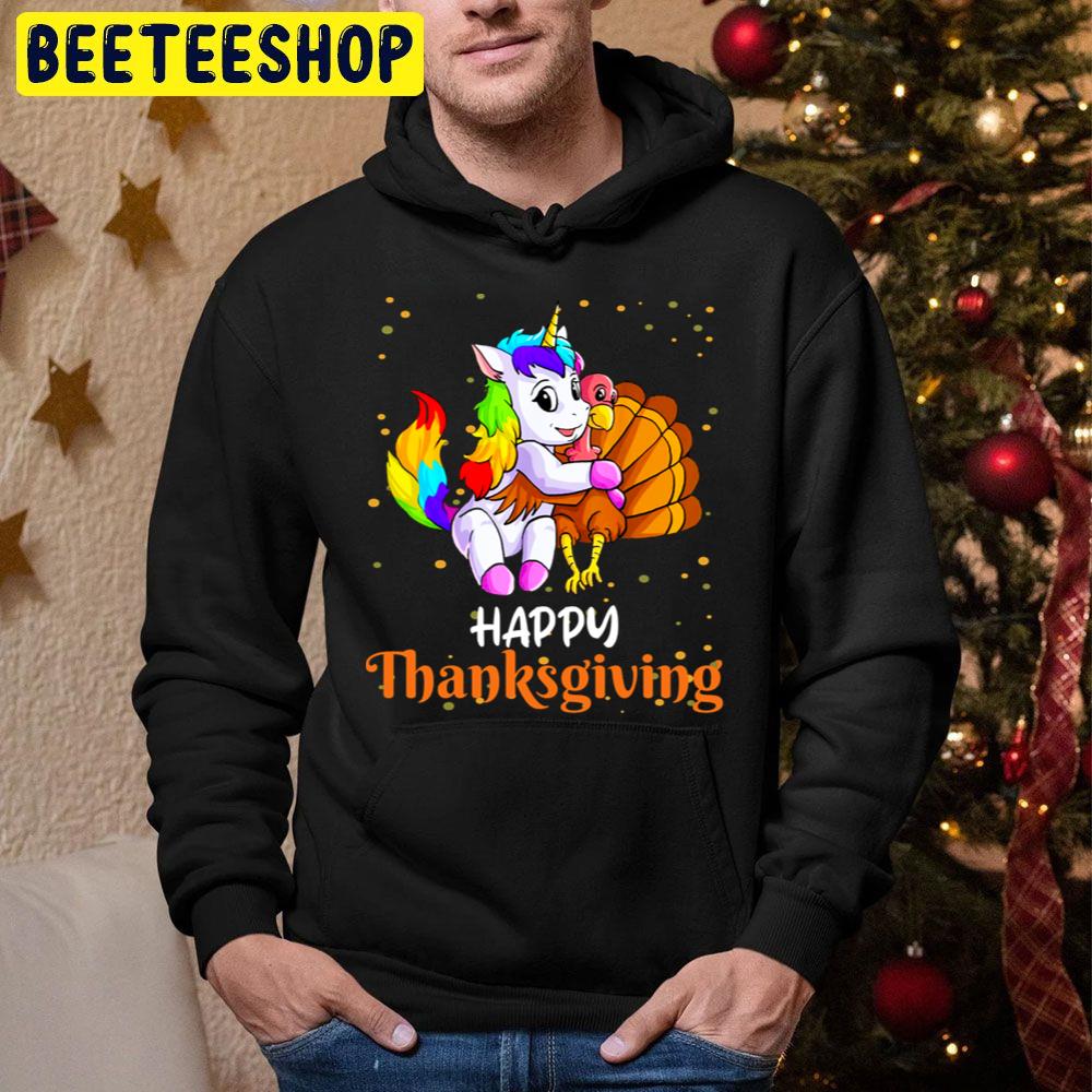 Cute Unicorn Hugs Turkey Happy Thanksgiving Day Trending Unisex Hoodie