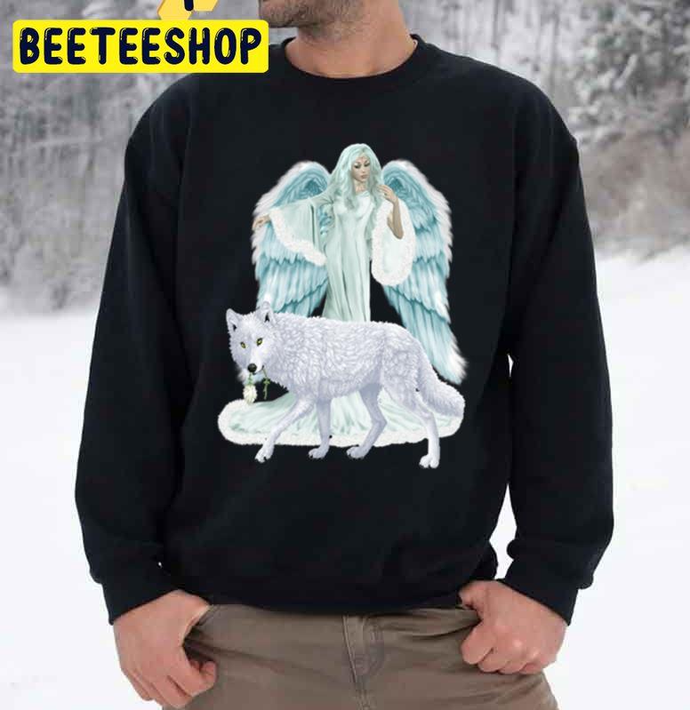 Fantasy Art Winter Angel And Wolf Trending Unisex Sweatshirt