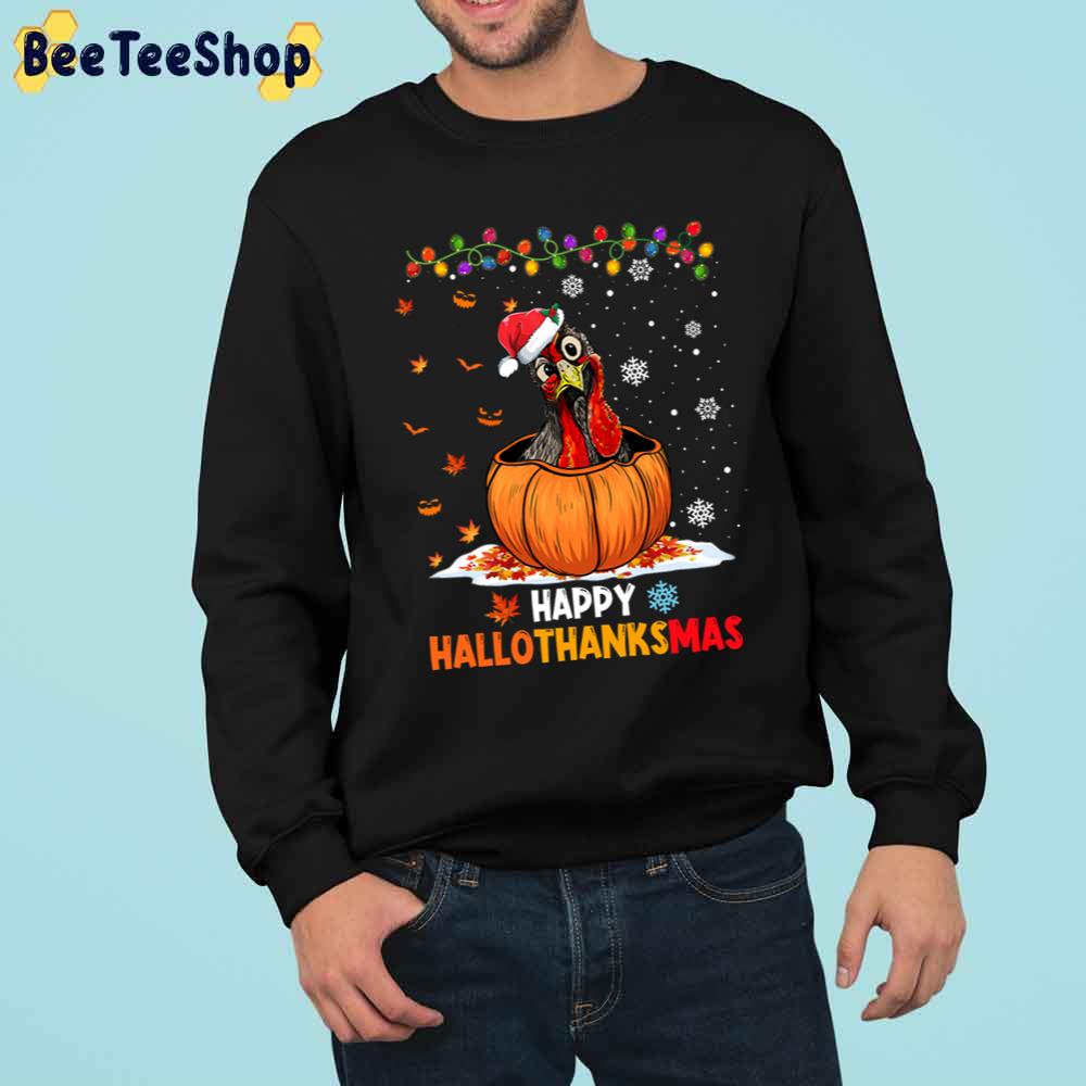 Funny Chicken On Pumpkin Happy Hallothanksmas Trending Unisex Sweatshirt