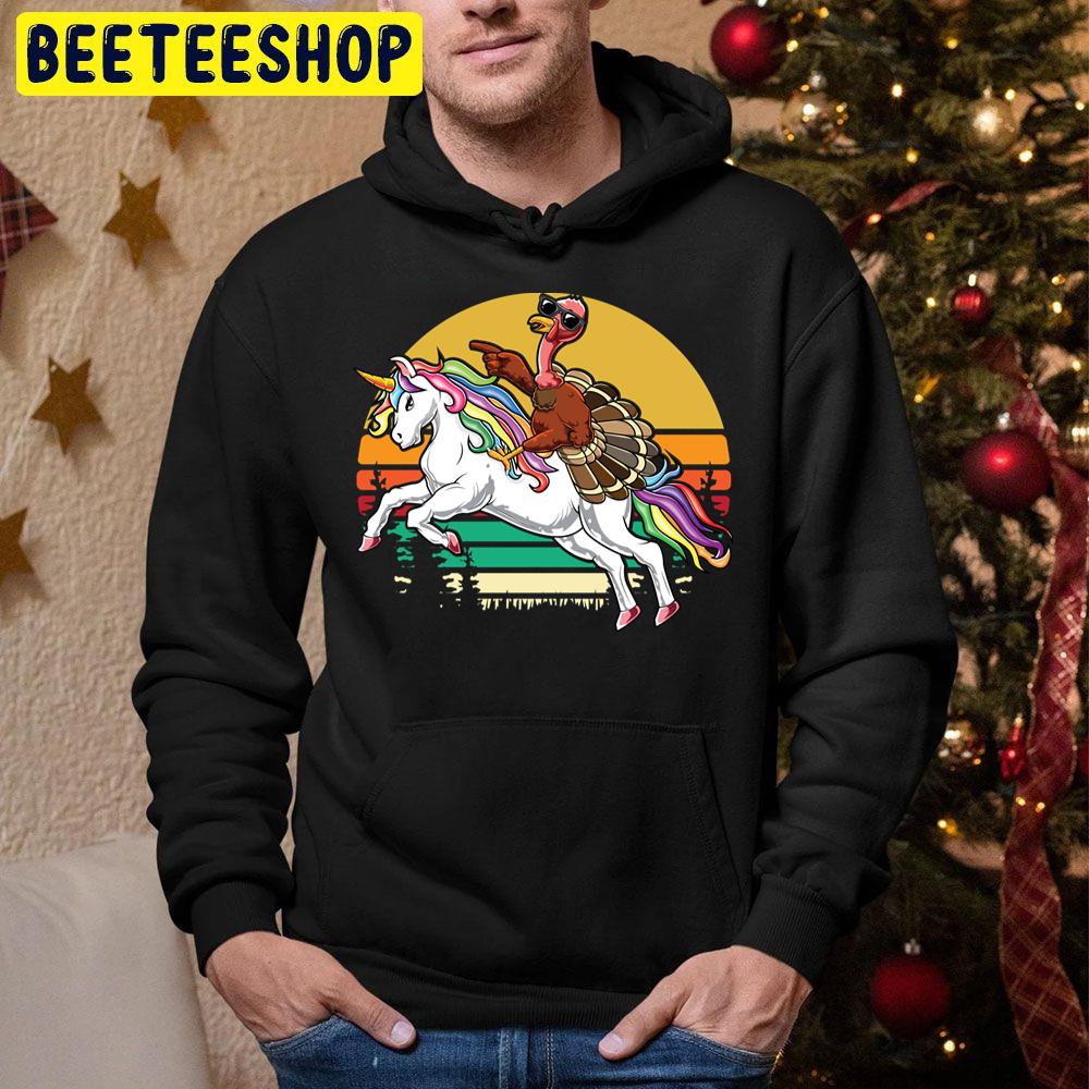 Funny Thanksgiving Turkey Riding A Unicorn Trending Unisex Hoodie