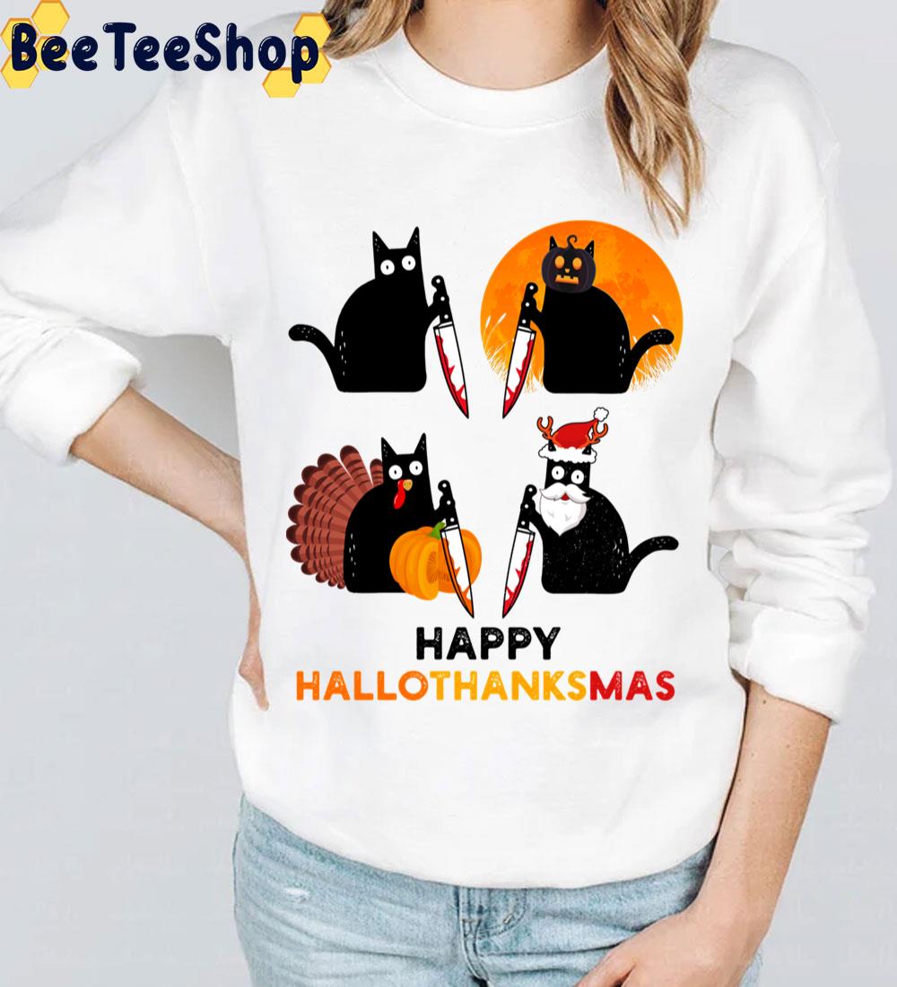 Happy Hallothanksmas Black Cat With Knife Trending Unisex Sweatshirt