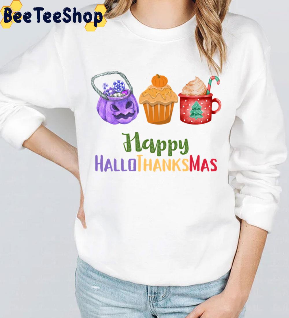 Happy Hallothanksmas Caandy Pumpkin And Coffee Cup Trending Unisex Sweatshirt