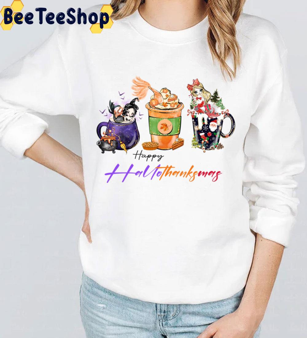 Happy Hallothanksmas Coffee Cup And Mermaids Trending Unisex Sweatshirt