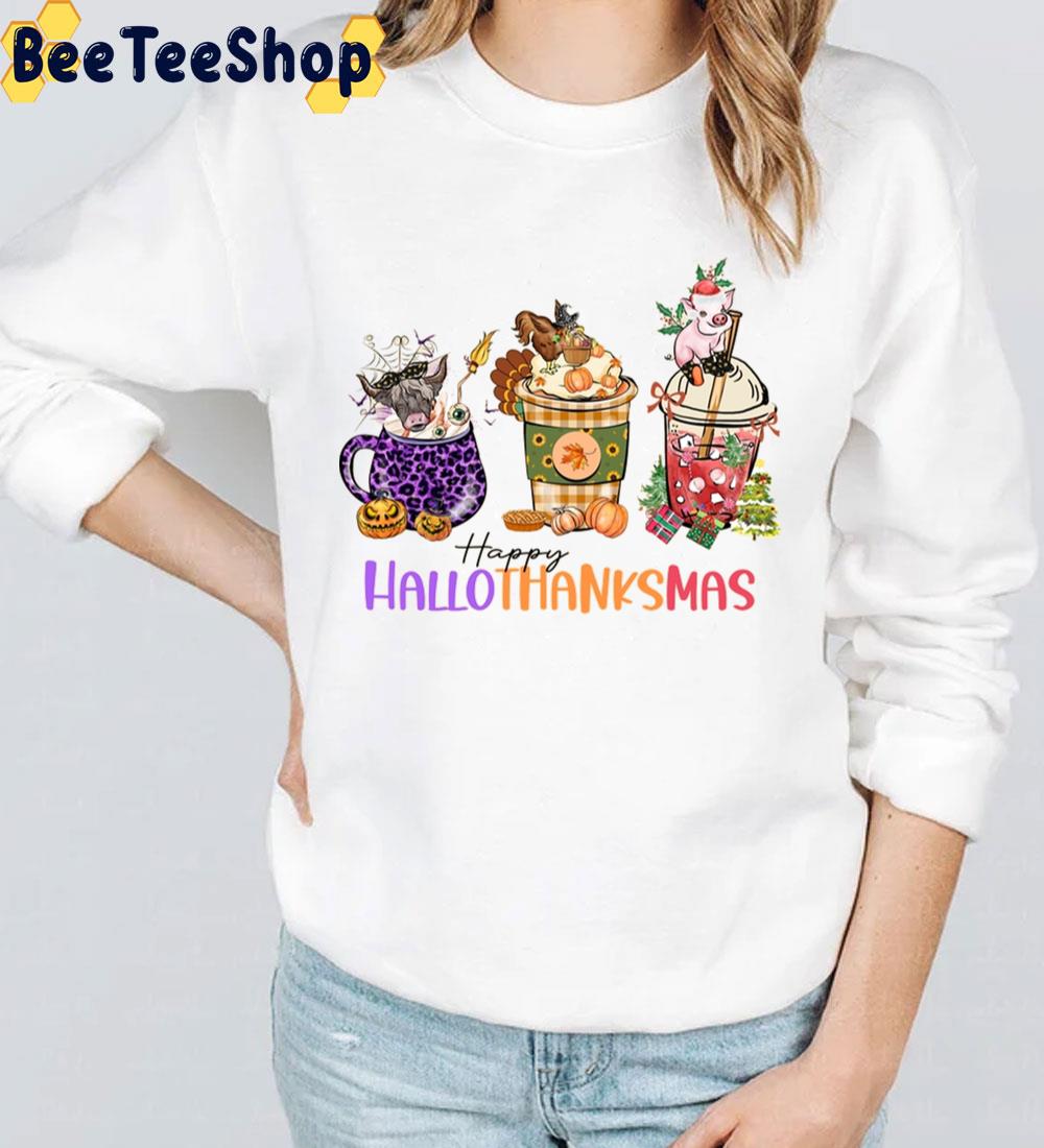 Happy Hallothanksmas Cow Chicken And Pig Coffee Cup Trending Unisex Sweatshirt