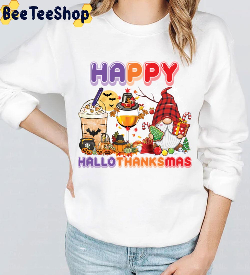 Happy Hallothanksmas Gnomes Wine Coffee Trending Unisex Sweatshirt