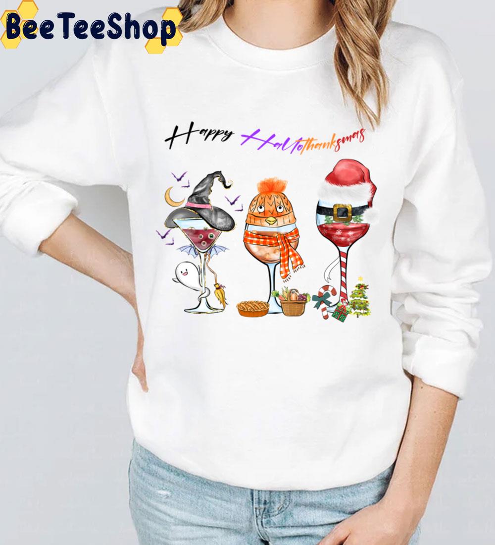 Happy Hallothanksmas Wine Glasses Design Trending Unisex Sweatshirt