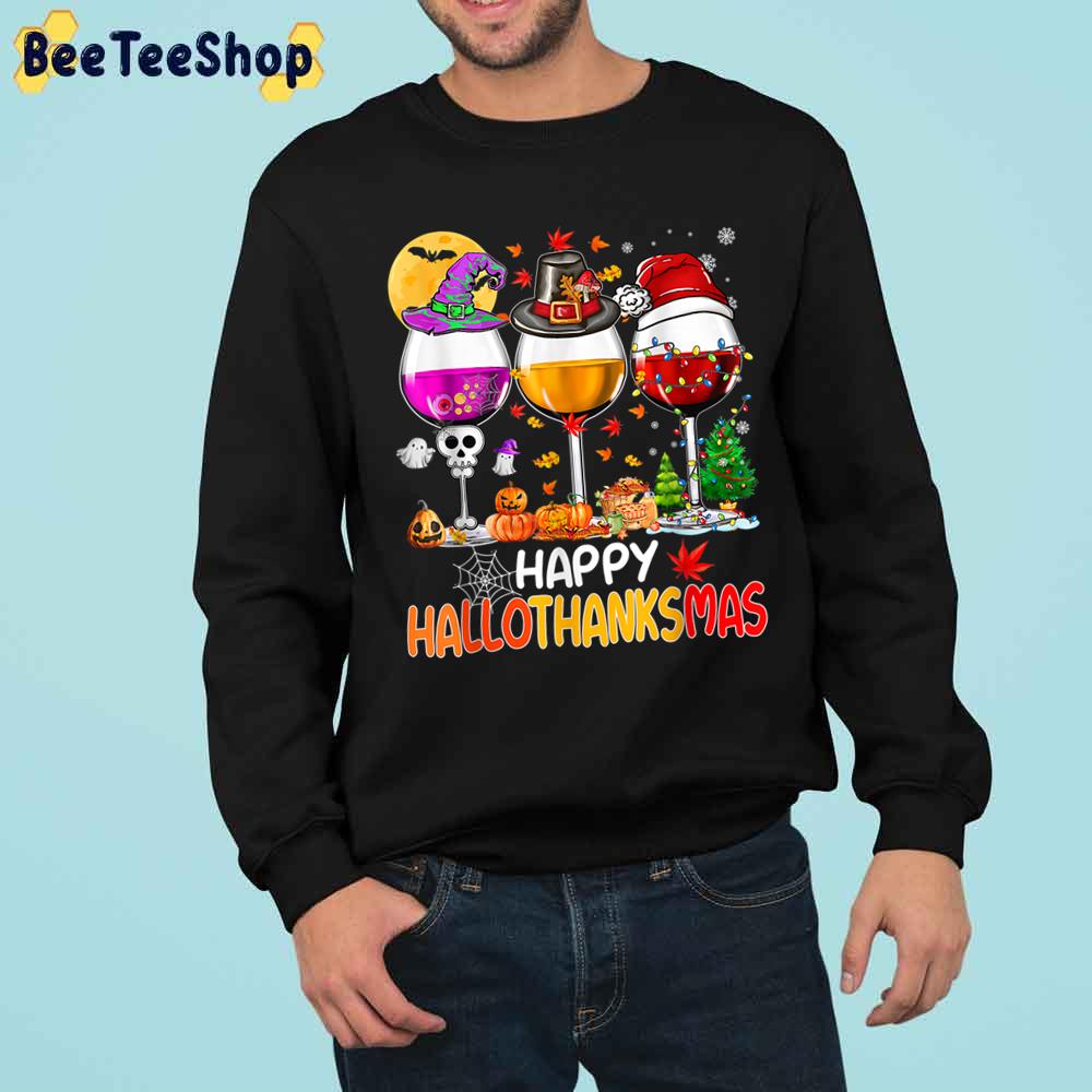 Happy Hallothanksmas Wine Glasses Witch Santa Hat Pumpkin Trending Unisex Sweatshirt