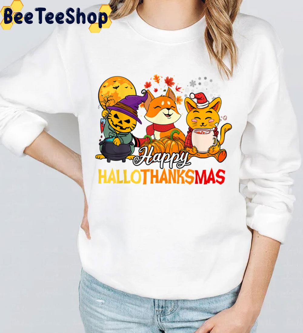 Happy Hallothanksmas With Cats Trending Unisex Sweatshirt