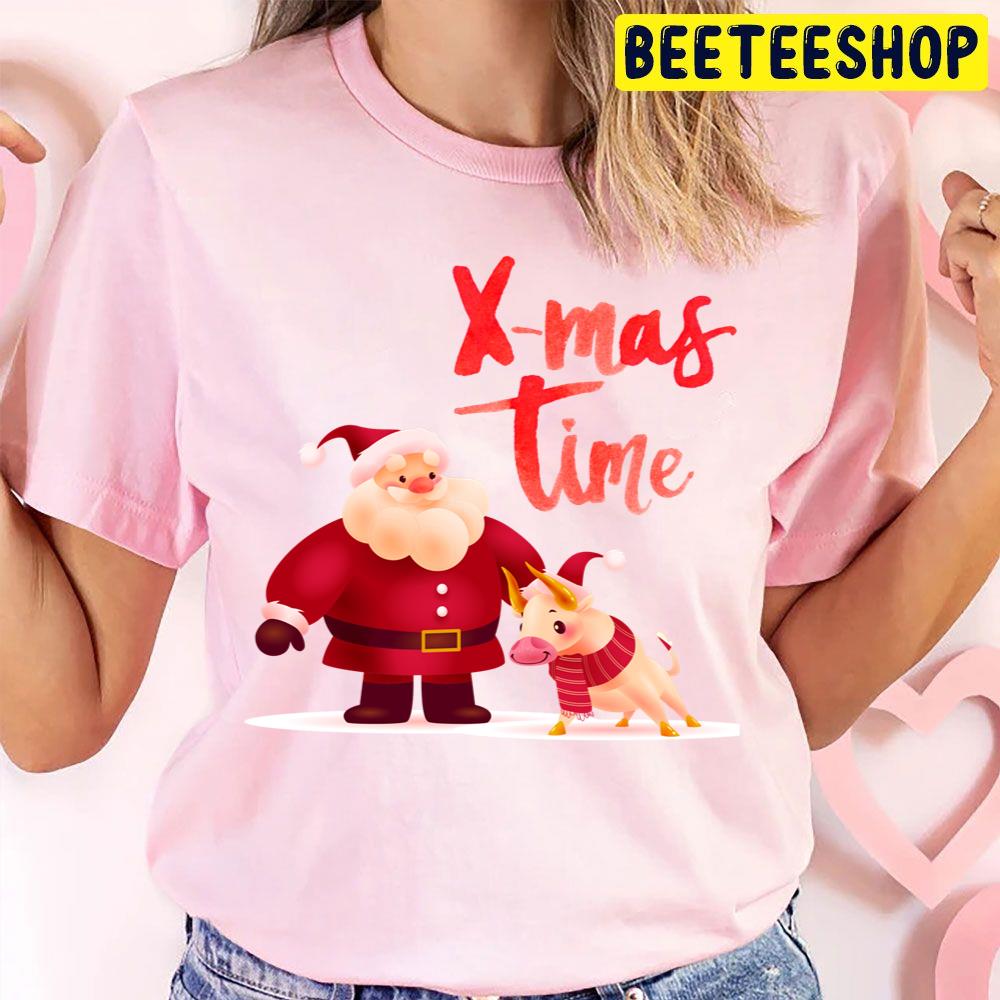 Merry Christmas Retro Vintage Pink Santa Claus Anf Pig Trending Unisex T Shirt