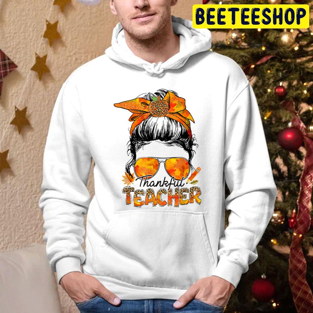 One Thankful Teacher Leopard Messy Bun Thanksgiving Autumn Trending Unisex Hoodie