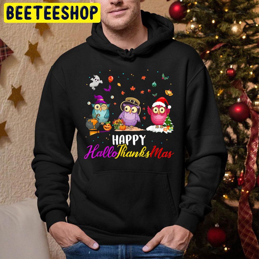 Owl Happy Hallothanksmas Thanksgiving Christmas Trending Unisex Hoodie