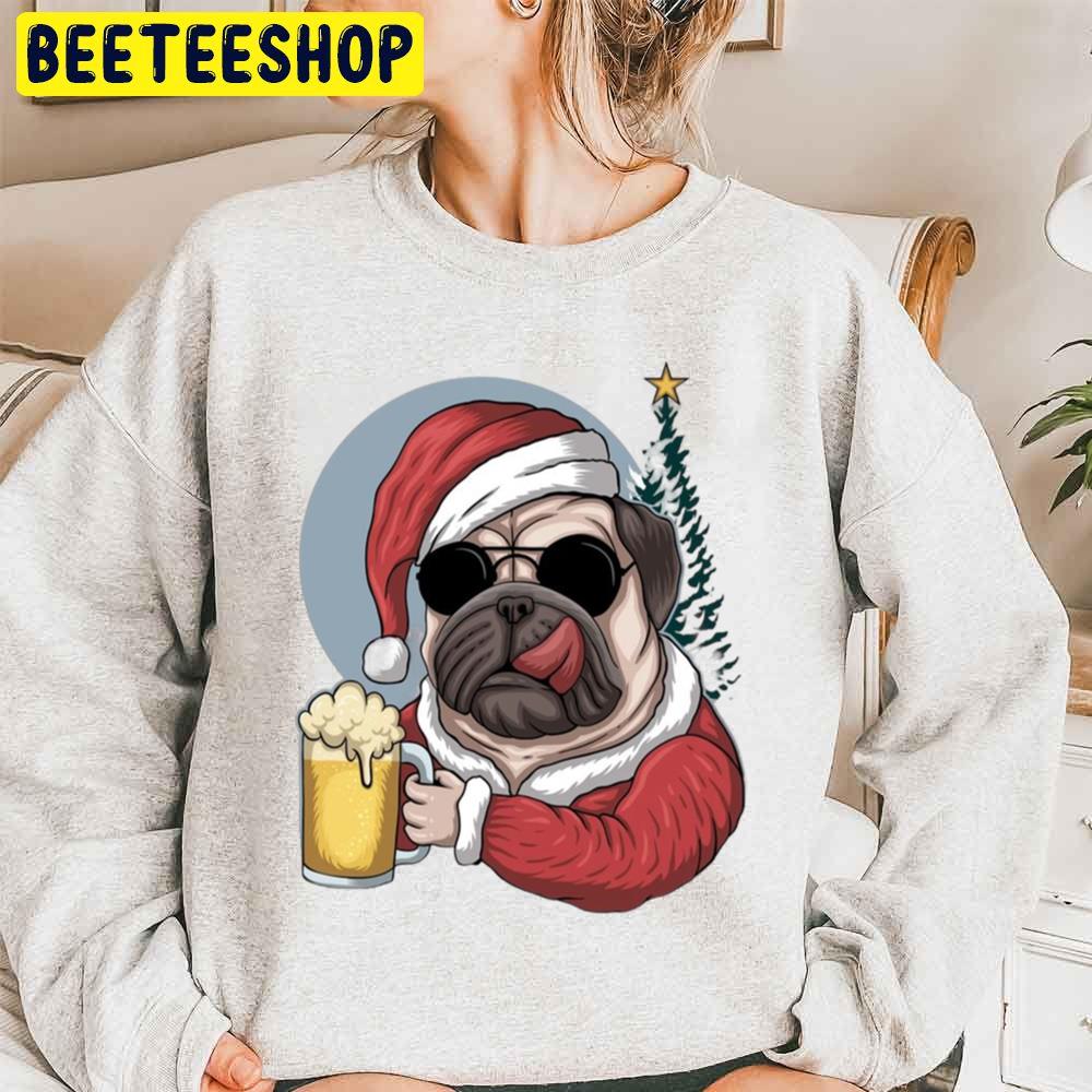 Puppy Wear Santa Hat And Drink Beer Dog Lover Trending Unisex Sweatshirt