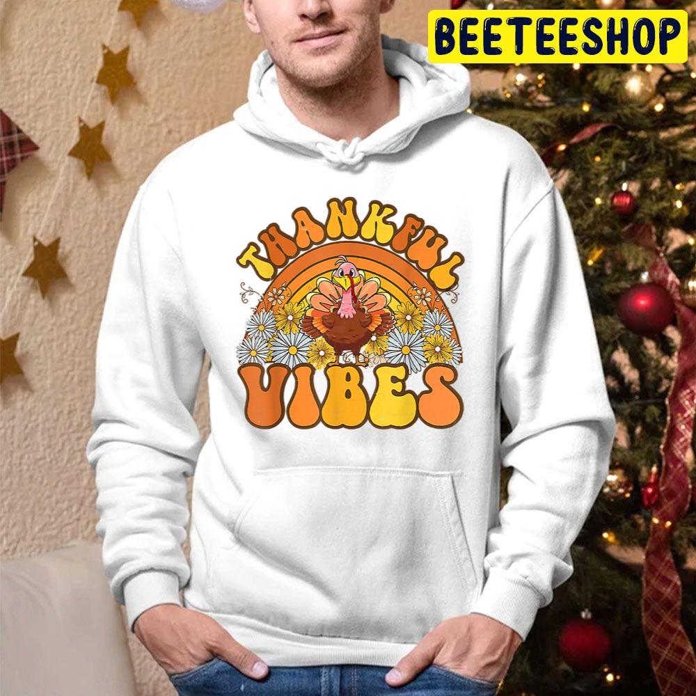 Retro Groovy Thankful Vibes Turkey Fall Thanksgiving Trending Unisex Hoodie