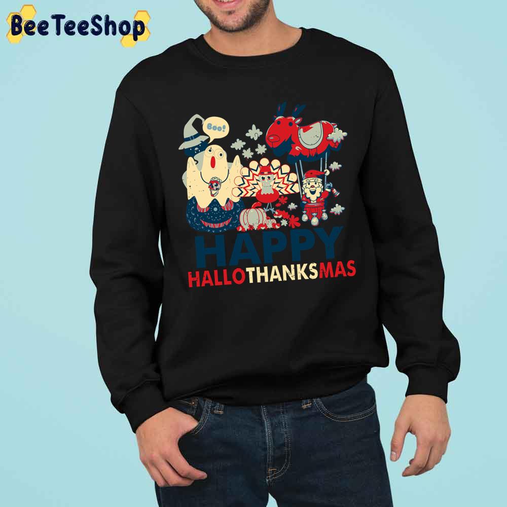 Retro Happy Hallowthanksmas For Halloween Thanksgiving Xmas Trending Unisex Sweatshirt