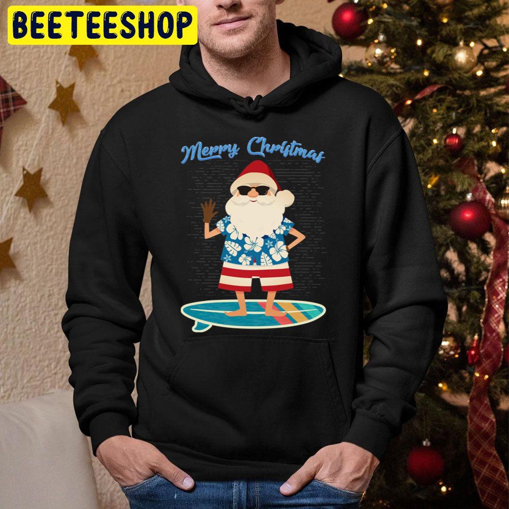 Retro Santa Claus Surfing Hawaiin Summer Christmas Trending Unisex Hoodie