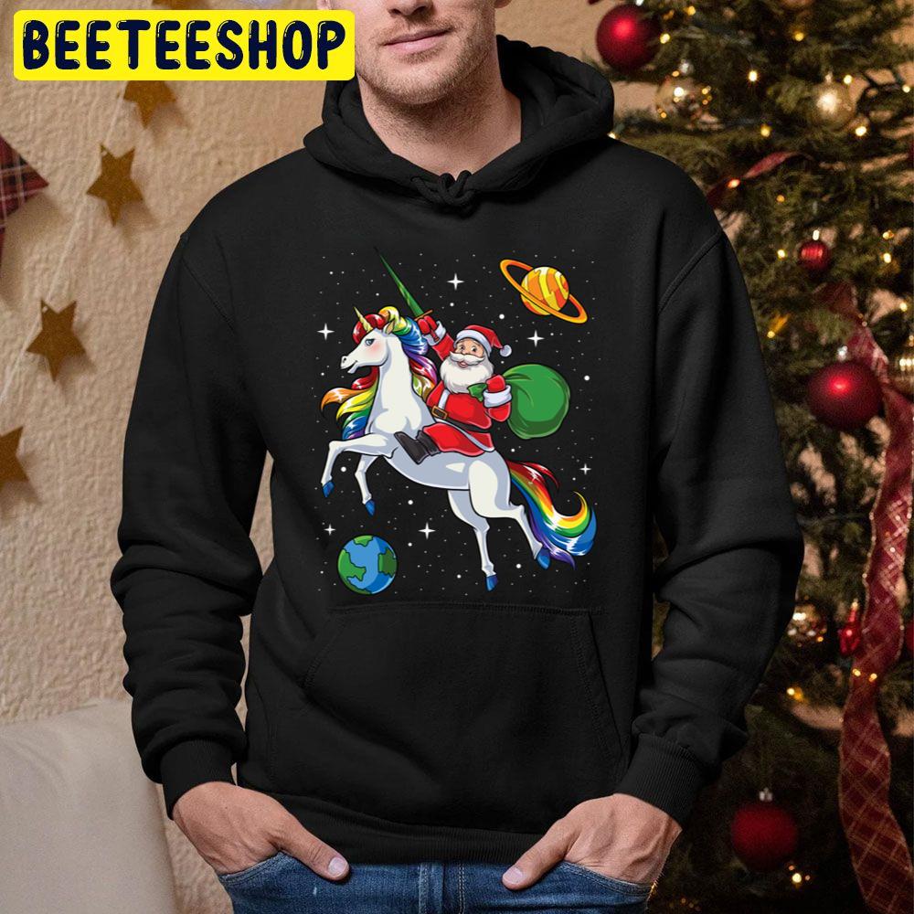 Santa Riding Unicorn Christmass Rainbow Space Trending Unisex Hoodie