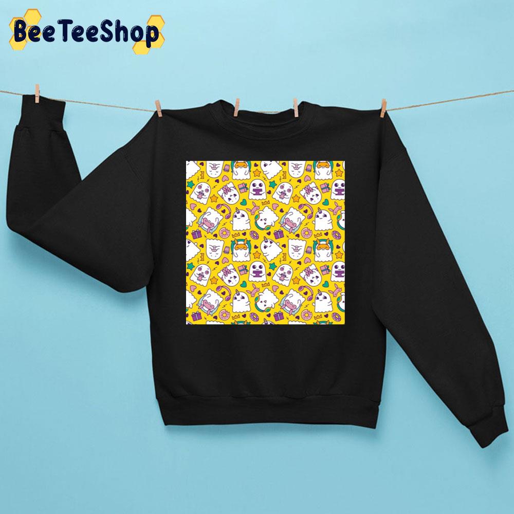 Seamless Pattern With Cute Ghosts In Cartoon Style On Yellow Background Trending Unisex Sweatshirt